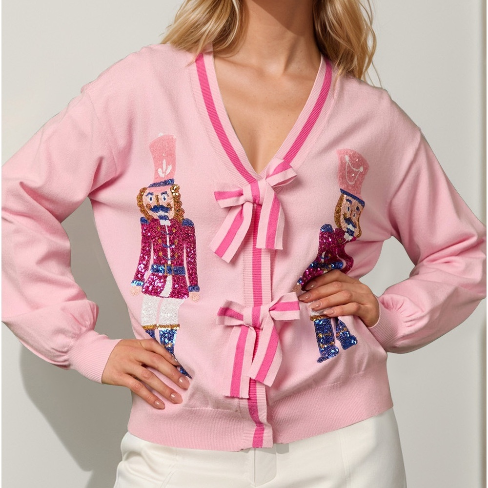Double Take Full Size Nutcracker Sequin Bow Decor Cardigan